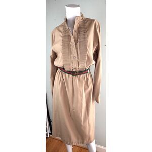Vintage 70s Light Academia Preppy Khaki Beige Dress Green Red Belt - Size 10